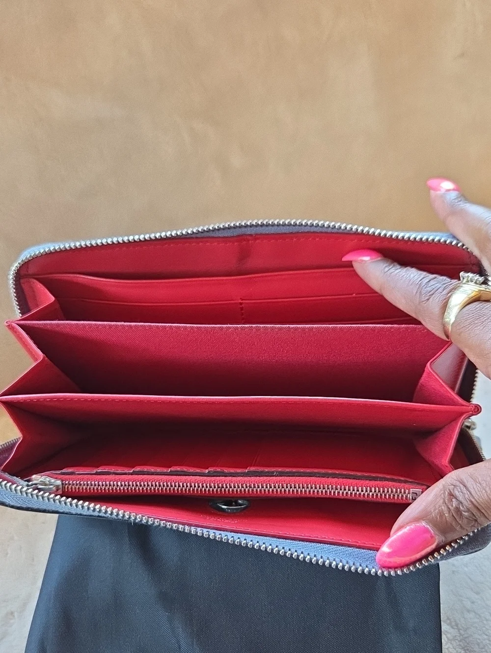 Fendi Light Gray Leather Zip Wallet with Coral Accent Button